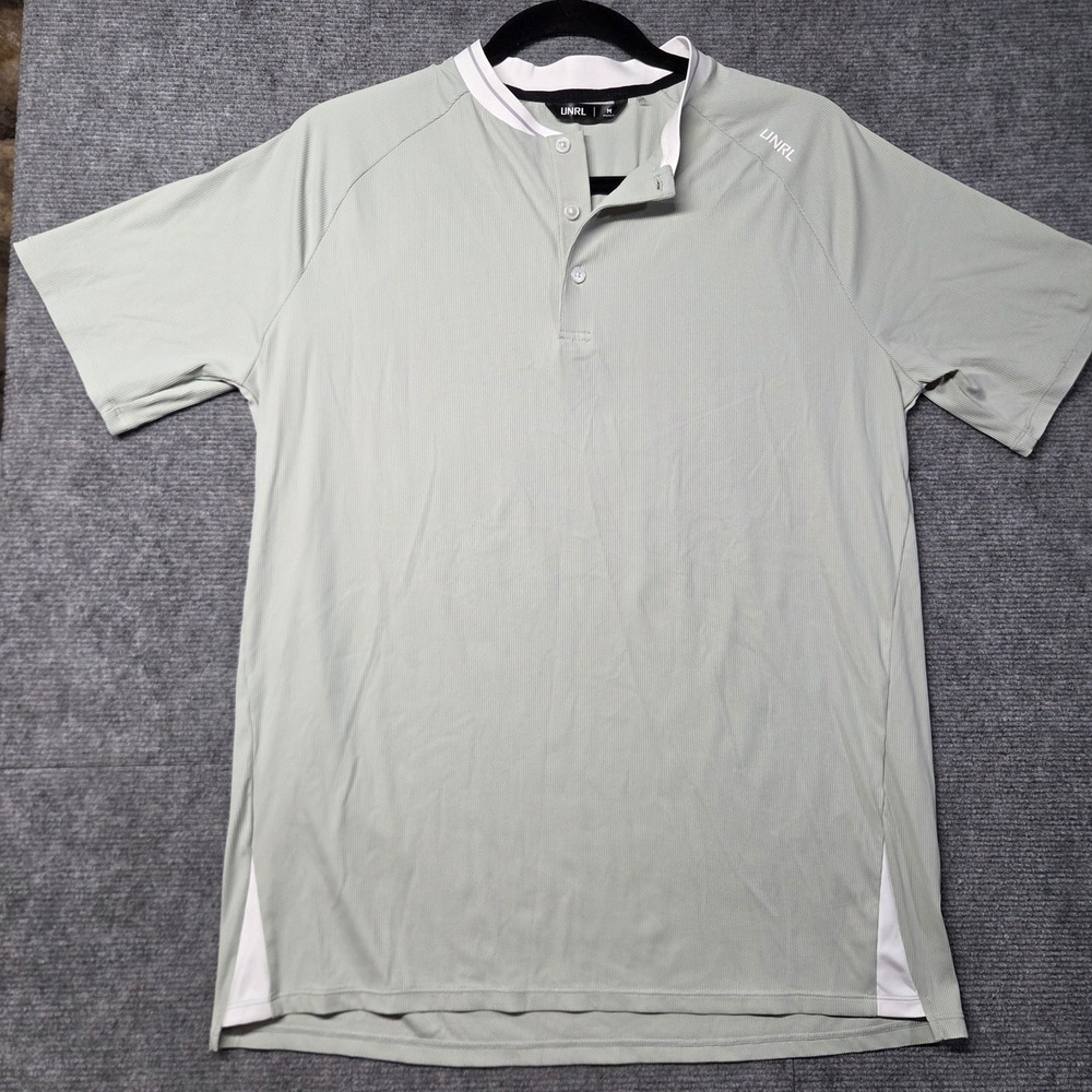 UNRL Mens Athletic Fit Blade Collar Ribbed Polo Shirt Sage Green Grey Size M